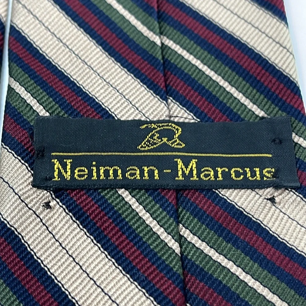 VINTAGE NEIMAN MARCUS 100% SILK TIE STRIPE BURGUNDY BLUE GREEN TAN